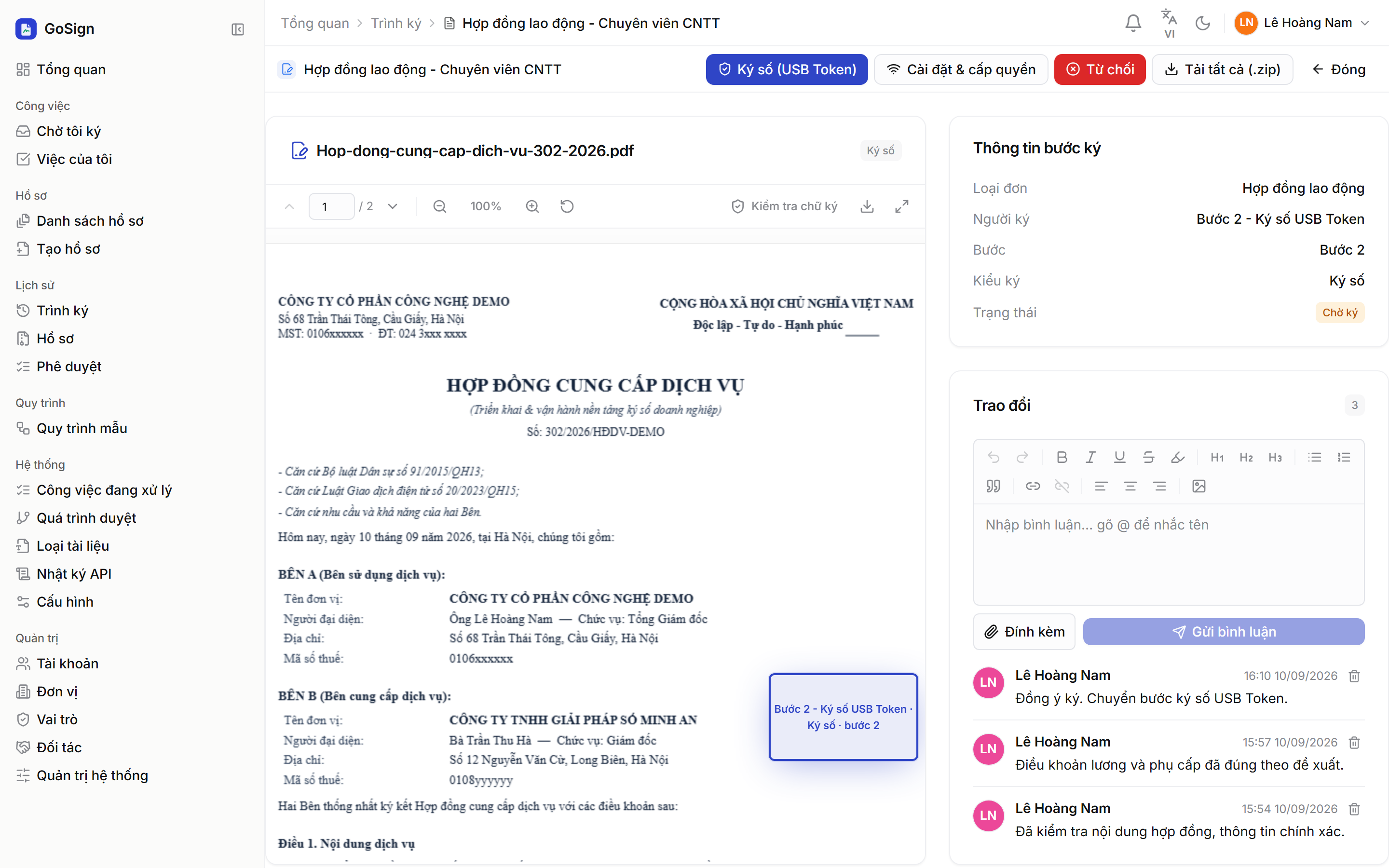 Màn hình phê duyệt và ký hợp đồng của GoSign: tài liệu PDF, thông tin bước ký và khung trao đổi